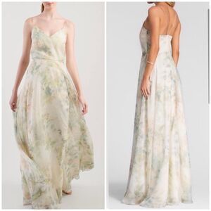 Jenny Yoo Anthropologie Inesse Maxi Dress Womens Size 4 Floral Ivory Sage Event
